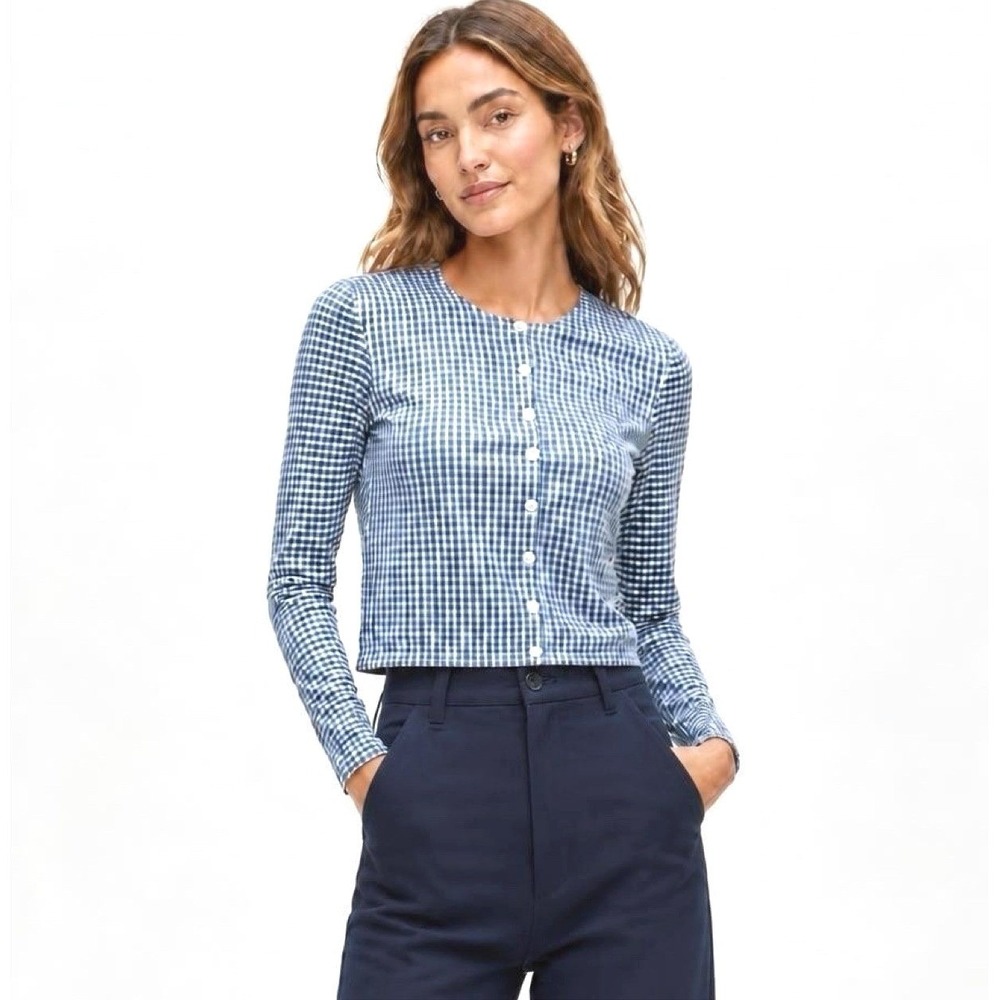 NWT J.Crew Gingham Jackie Cotton Cardigan Sweater, Blue & White Cotton Stretch
